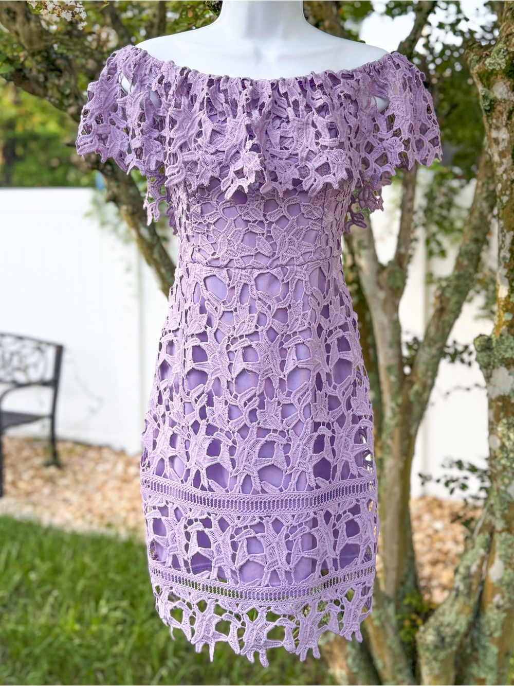 She + Sky Lilac Crochet Lace Off Shoulder Romper Small Floral Boho
